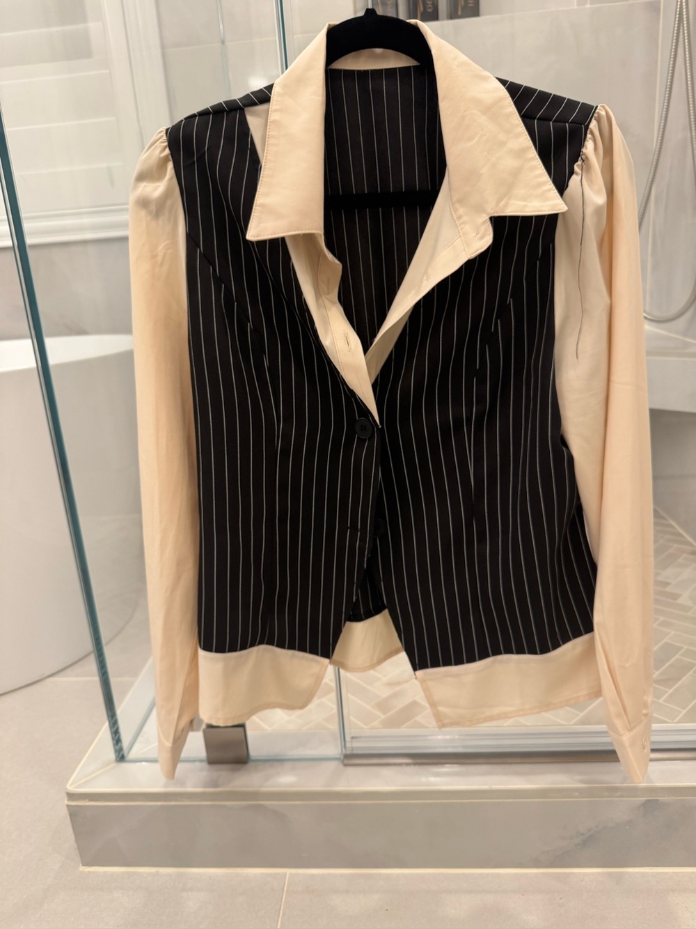 Pinstripe Black & Cream Mixed-Media Collared Women's Top